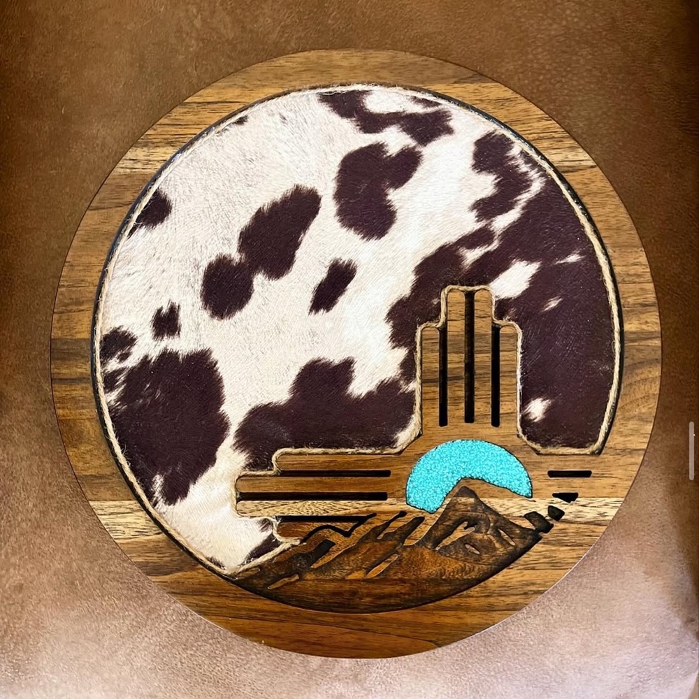 Cowhide and Wood Wall Art with Turquoise Accent